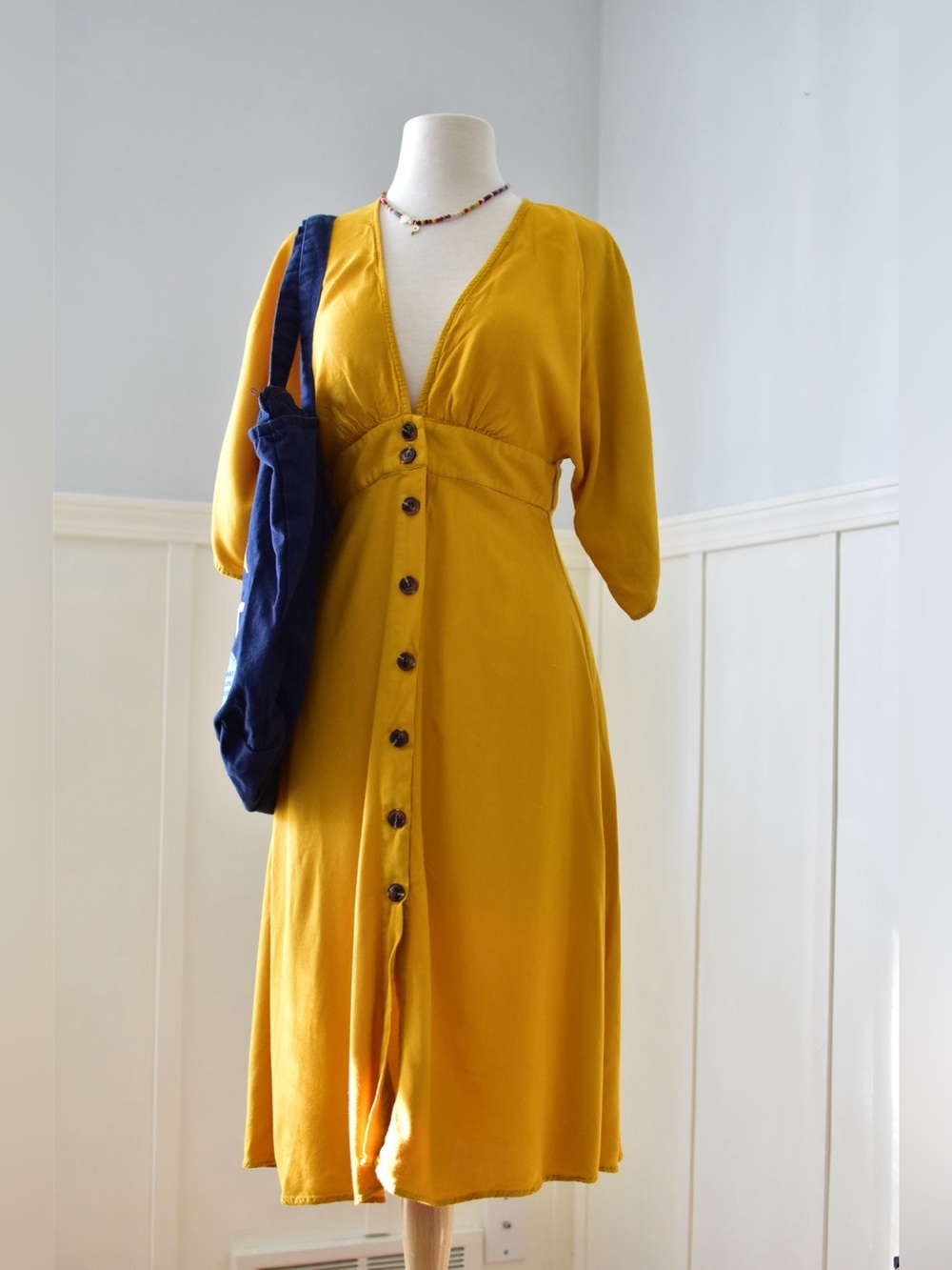 Vintage forever21 mustard V-Neck Button Midi Dress size 2/ xs small